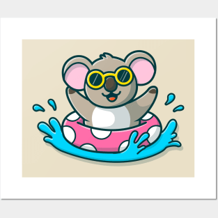 Cute Koala Floating With Swimming Tires Posters and Art